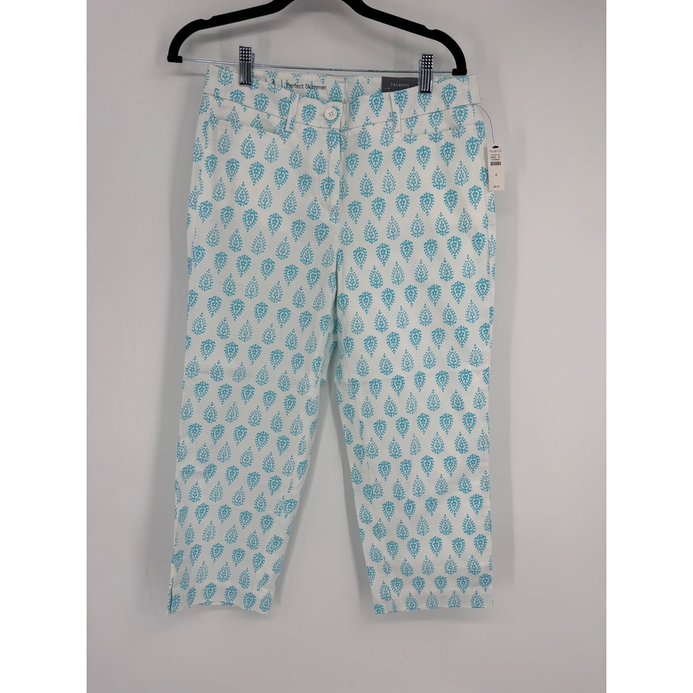 Talbots Pants Women 4 White Blue Perfect Skimmer Paisley Block Print Capris
